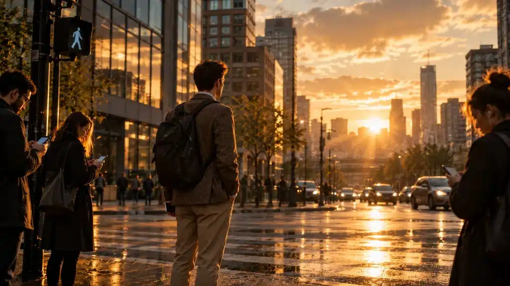 Homme observant la ville à un passage piéton tandis que d’autres personnes consultent leur téléphone